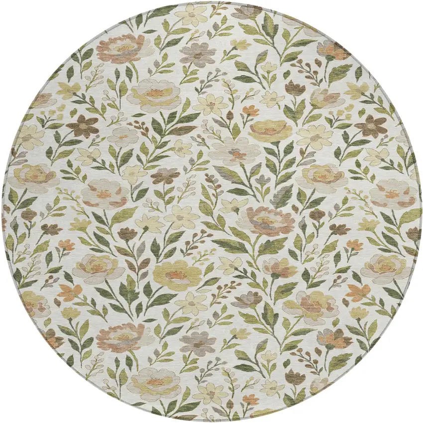 8' Ivory And Gray Round Floral Washable Indoor Outdoor Area Rug Photo 1