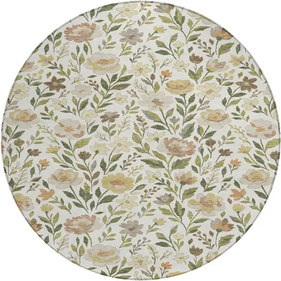 8' Ivory And Gray Round Floral Washable Indoor Outdoor Area Rug Photo 1