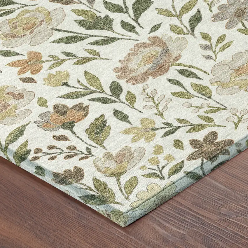 8' Ivory And Gray Round Floral Washable Indoor Outdoor Area Rug Photo 6