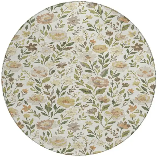 8' Ivory And Gray Round Floral Washable Indoor Outdoor Area Rug Photo 2