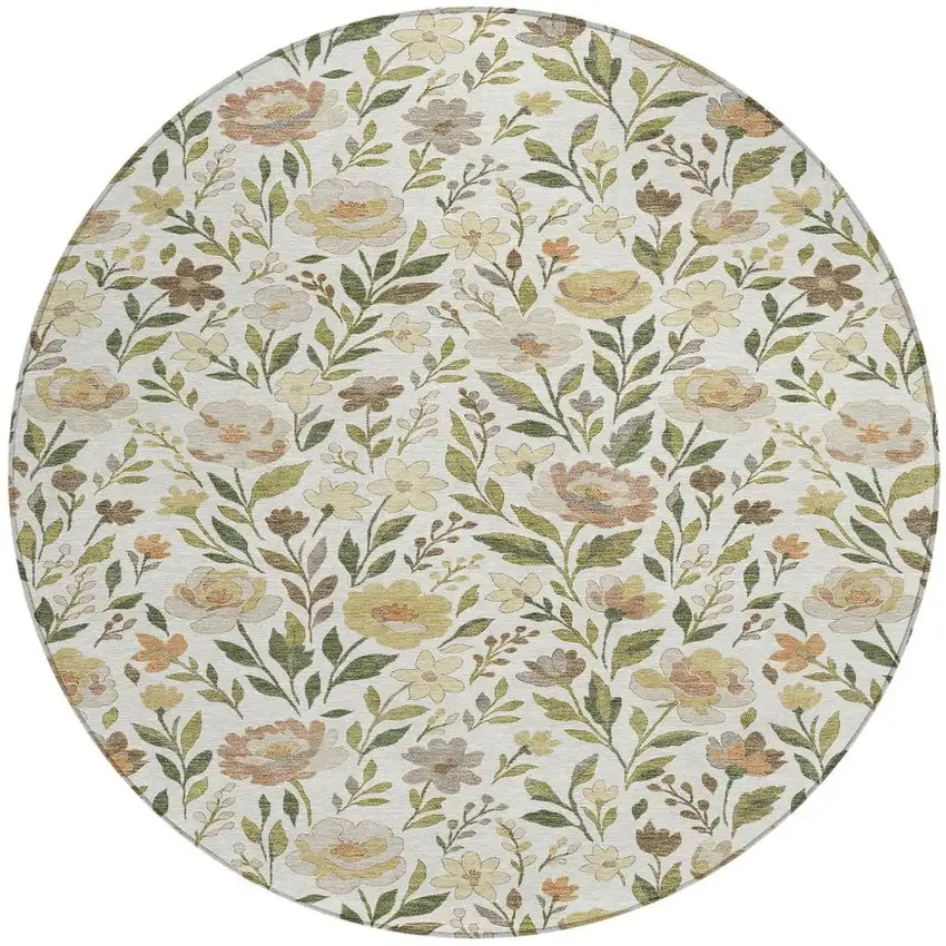 8' Ivory And Gray Round Floral Washable Indoor Outdoor Area Rug Photo 2