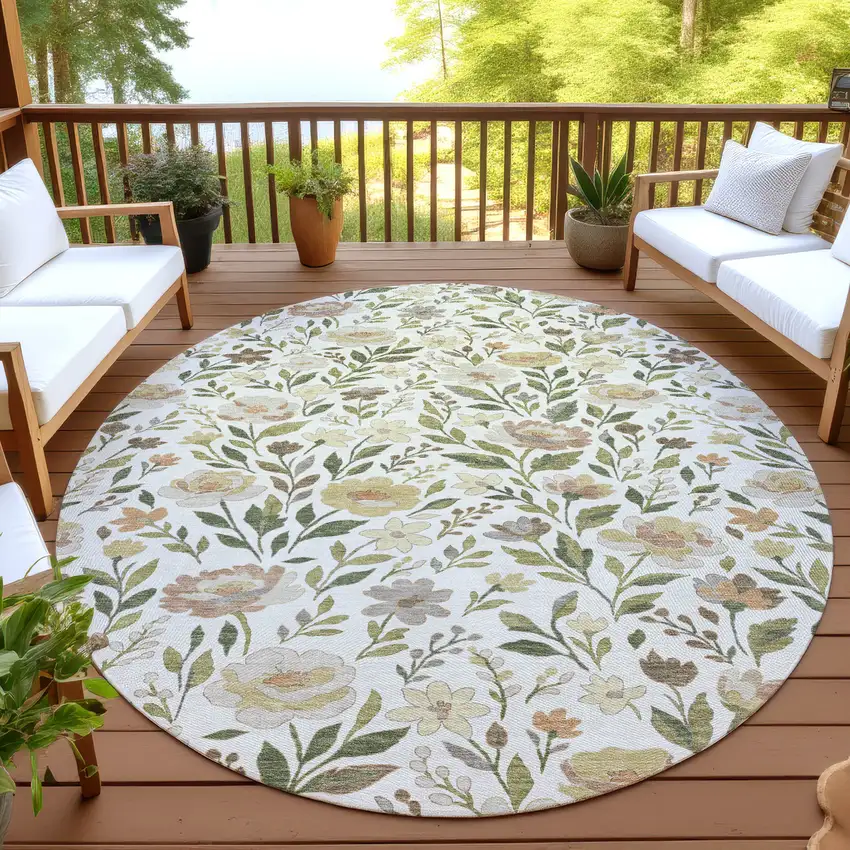 8' Ivory And Gray Round Floral Washable Indoor Outdoor Area Rug Photo 4