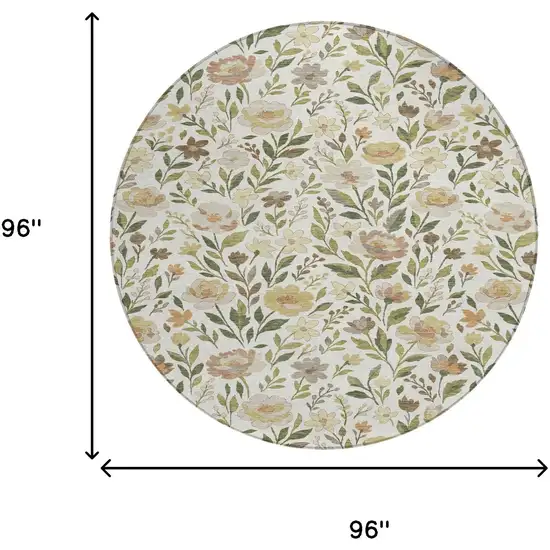 8' Ivory And Gray Round Floral Washable Indoor Outdoor Area Rug Photo 8
