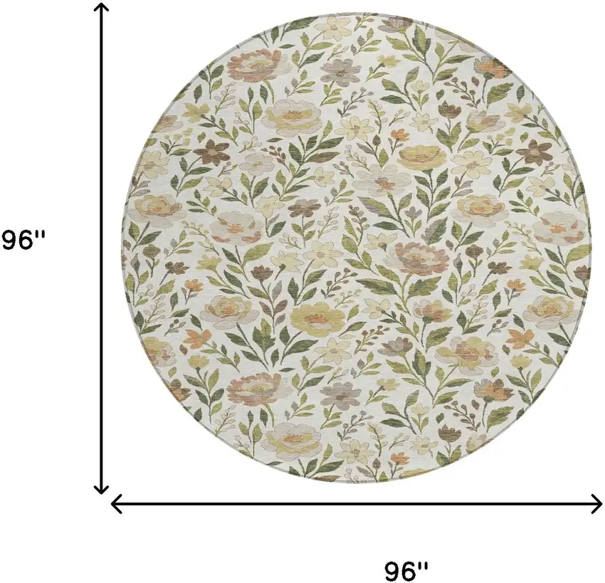 8' Ivory And Gray Round Floral Washable Indoor Outdoor Area Rug Photo 8