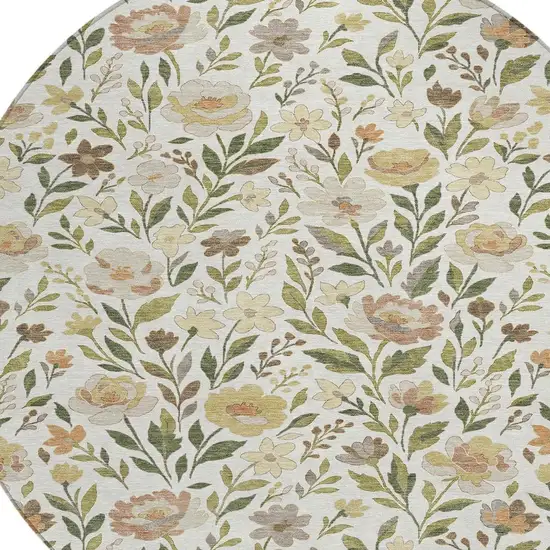 8' Ivory And Gray Round Floral Washable Indoor Outdoor Area Rug Photo 3
