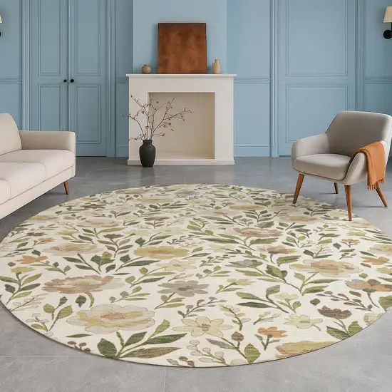 8' Ivory And Gray Round Floral Washable Indoor Outdoor Area Rug Photo 5