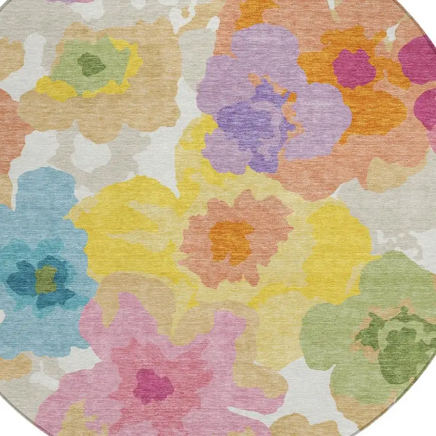 8' Ivory And Gray Round Floral Washable Indoor Outdoor Area Rug Photo 2