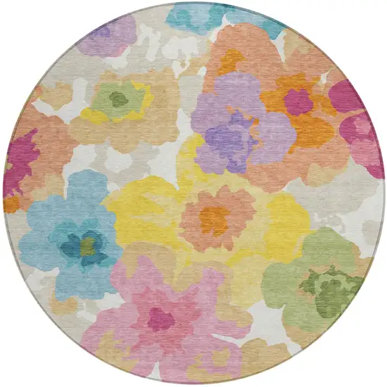 8' Ivory And Gray Round Floral Washable Indoor Outdoor Area Rug Photo 1