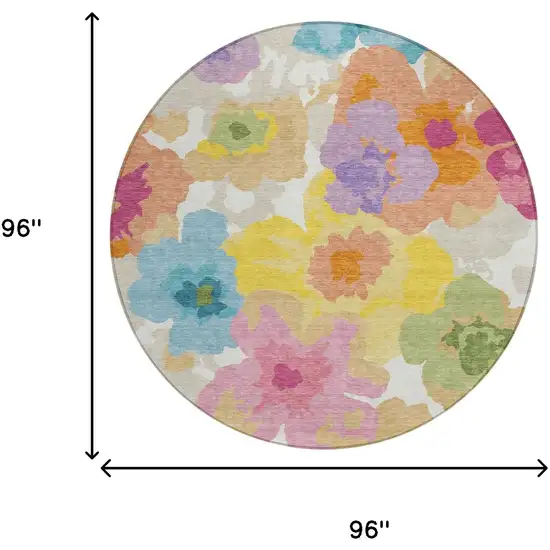 8' Ivory And Gray Round Floral Washable Indoor Outdoor Area Rug Photo 6