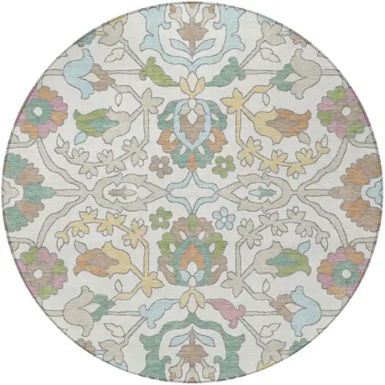 8' Ivory And Gray Round Floral Washable Indoor Outdoor Area Rug Photo 3