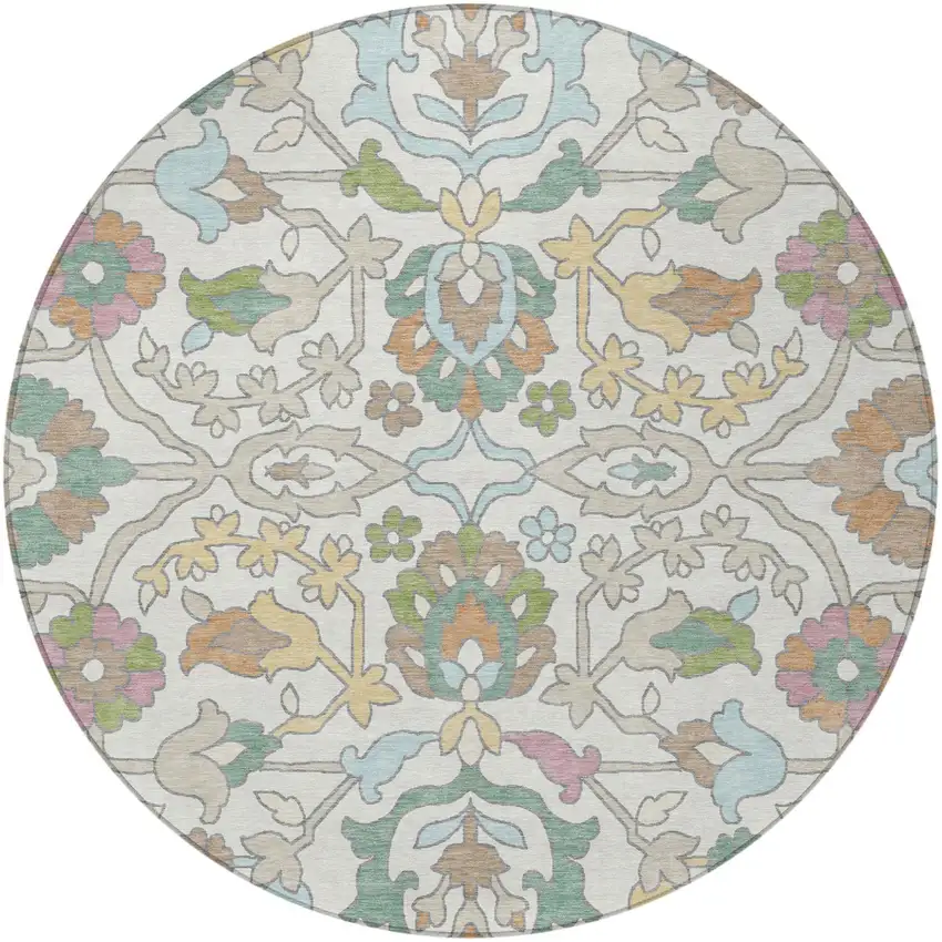 8' Ivory And Gray Round Floral Washable Indoor Outdoor Area Rug Photo 3