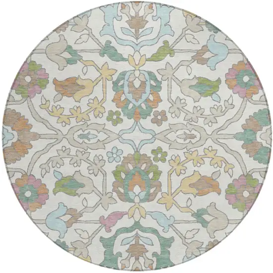 8' Ivory And Gray Round Floral Washable Indoor Outdoor Area Rug Photo 1