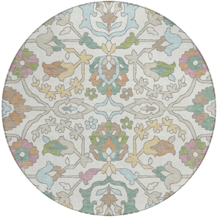 8' Ivory And Gray Round Floral Washable Indoor Outdoor Area Rug Photo 1