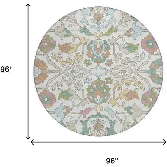 8' Ivory And Gray Round Floral Washable Indoor Outdoor Area Rug Photo 6