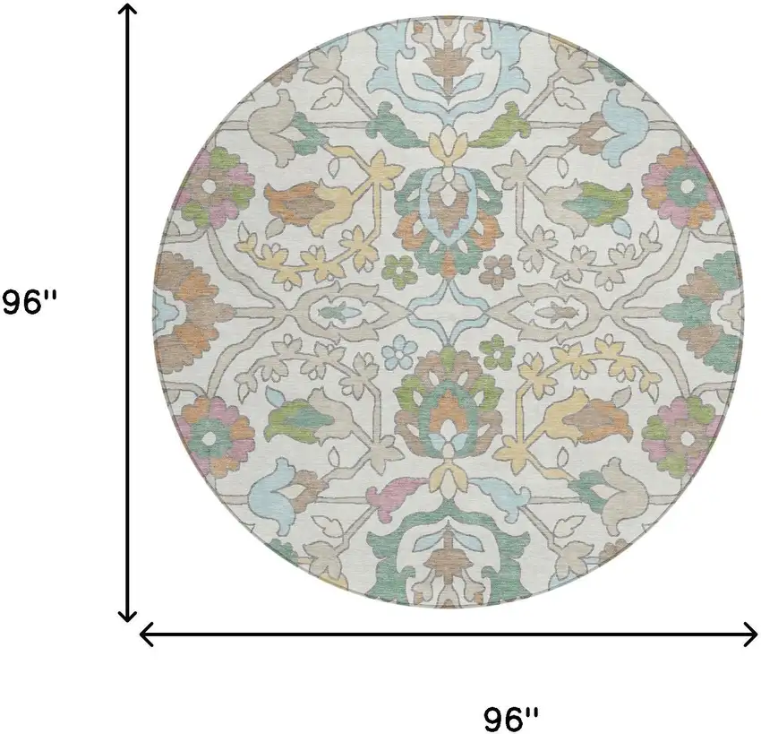 8' Ivory And Gray Round Floral Washable Indoor Outdoor Area Rug Photo 6