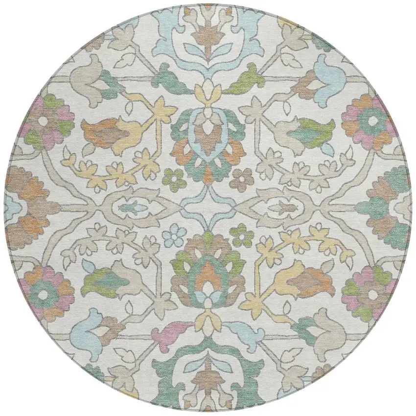 8' Ivory And Gray Round Floral Washable Indoor Outdoor Area Rug Photo 2