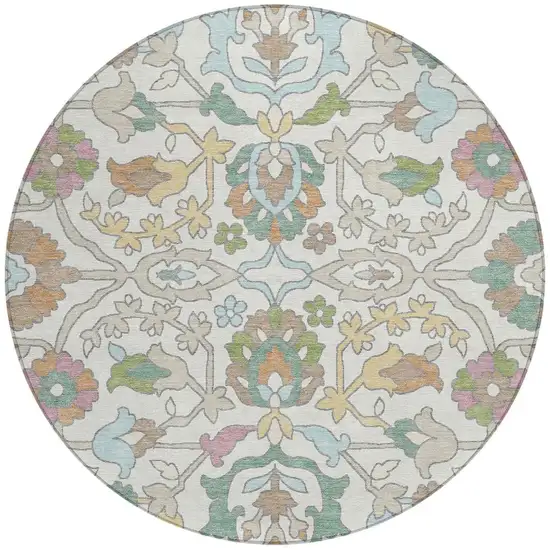 8' Ivory And Gray Round Floral Washable Indoor Outdoor Area Rug Photo 2