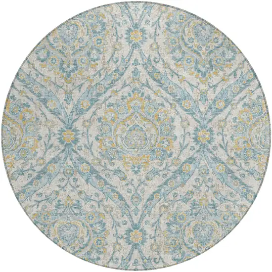 8' Ivory And Gray Round Floral Washable Indoor Outdoor Area Rug Photo 2