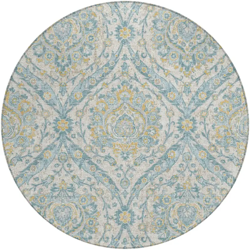 8' Ivory And Gray Round Floral Washable Indoor Outdoor Area Rug Photo 2