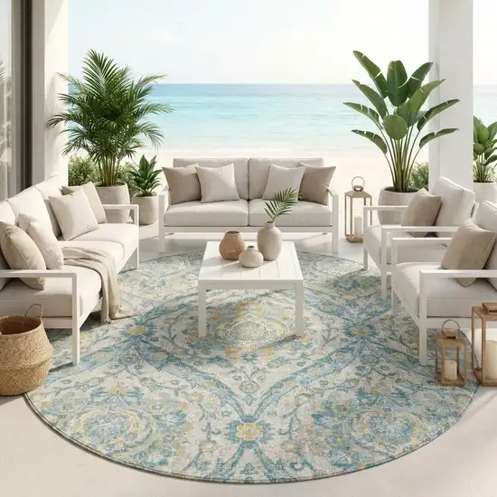 8' Ivory And Gray Round Floral Washable Indoor Outdoor Area Rug Photo 1
