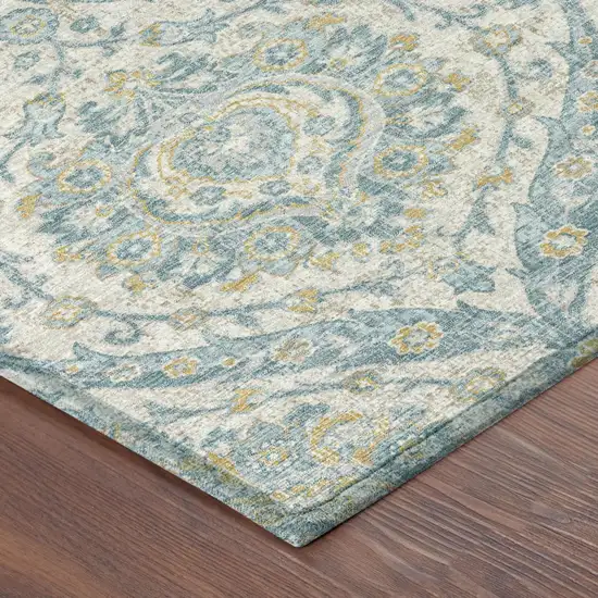 8' Ivory And Gray Round Floral Washable Indoor Outdoor Area Rug Photo 5