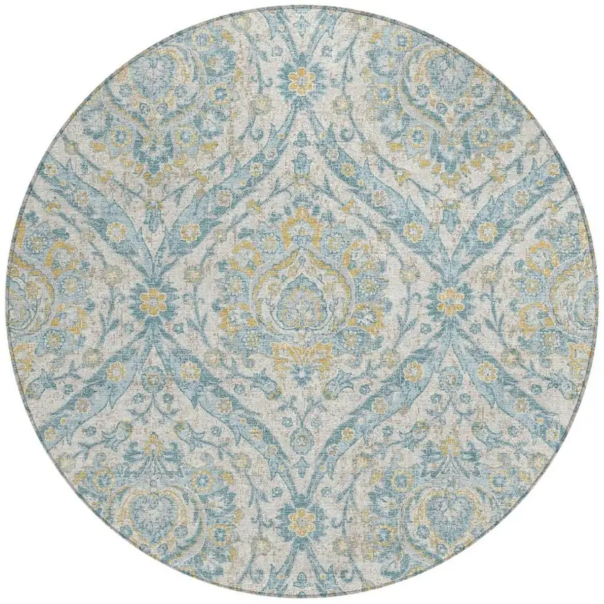 8' Ivory And Gray Round Floral Washable Indoor Outdoor Area Rug Photo 4