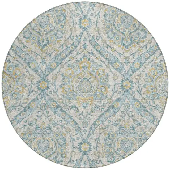 8' Ivory And Gray Round Floral Washable Indoor Outdoor Area Rug Photo 4