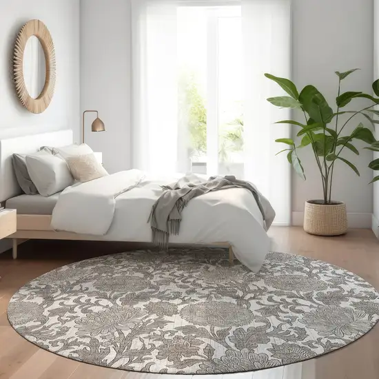 8' Ivory And Gray Round Floral Washable Indoor Outdoor Area Rug Photo 8
