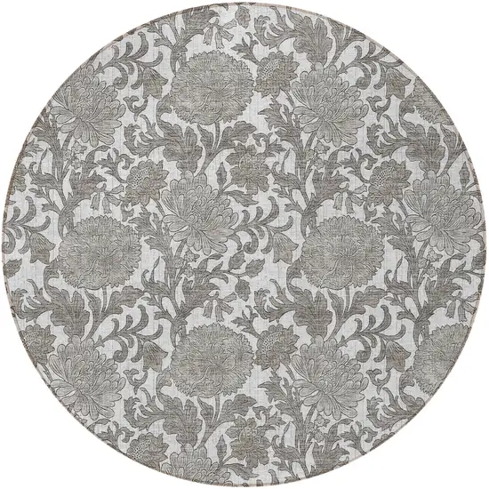 8' Ivory And Gray Round Floral Washable Indoor Outdoor Area Rug Photo 6