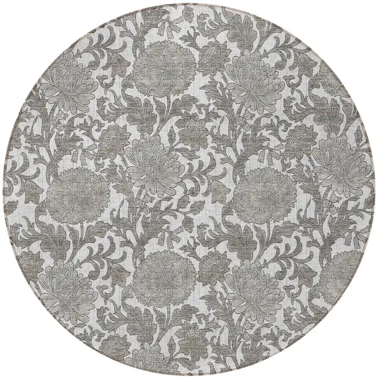 8' Ivory And Gray Round Floral Washable Indoor Outdoor Area Rug Photo 6