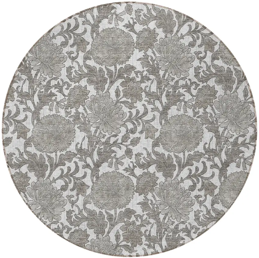 8' Ivory And Gray Round Floral Washable Indoor Outdoor Area Rug Photo 6
