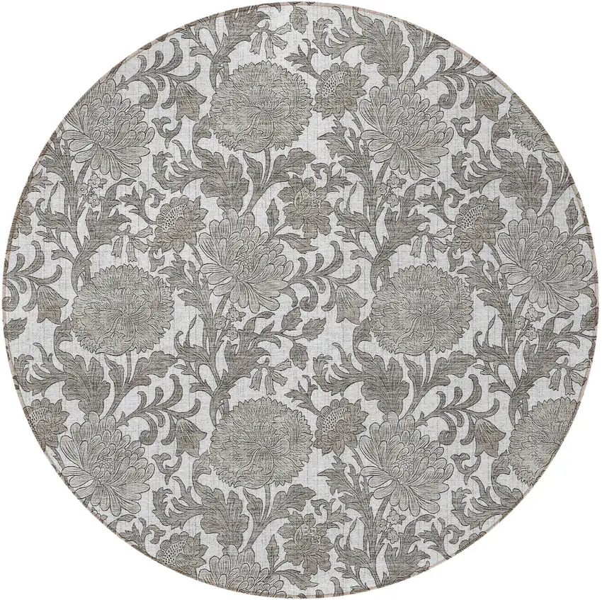 8' Ivory And Gray Round Floral Washable Indoor Outdoor Area Rug Photo 6