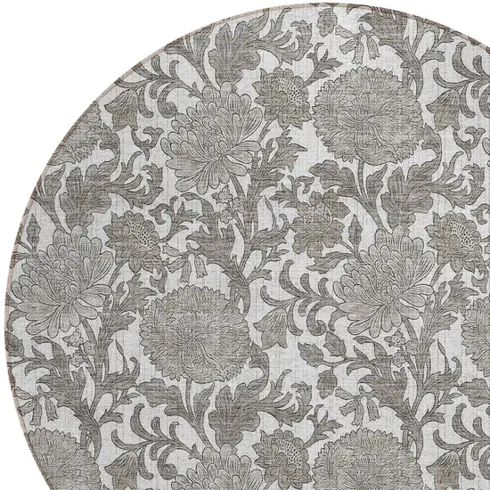 8' Ivory And Gray Round Floral Washable Indoor Outdoor Area Rug Photo 5