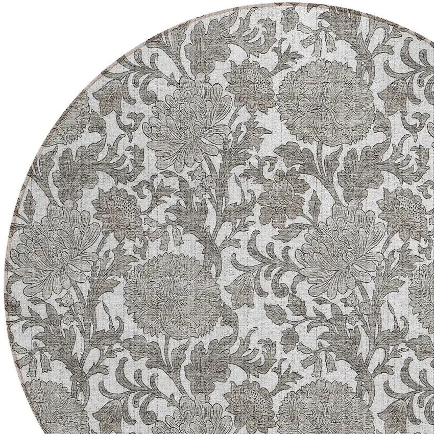 8' Ivory And Gray Round Floral Washable Indoor Outdoor Area Rug Photo 5