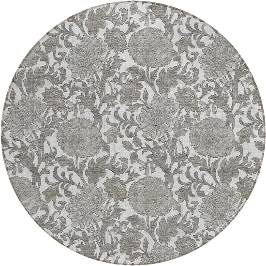 8' Ivory And Gray Round Floral Washable Indoor Outdoor Area Rug Photo 2
