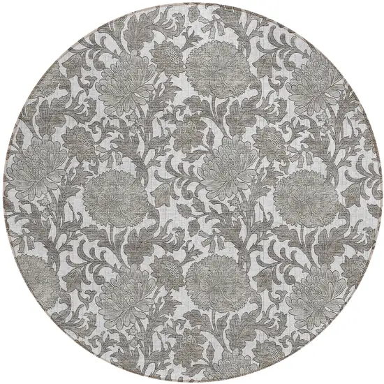 8' Ivory And Gray Round Floral Washable Indoor Outdoor Area Rug Photo 2