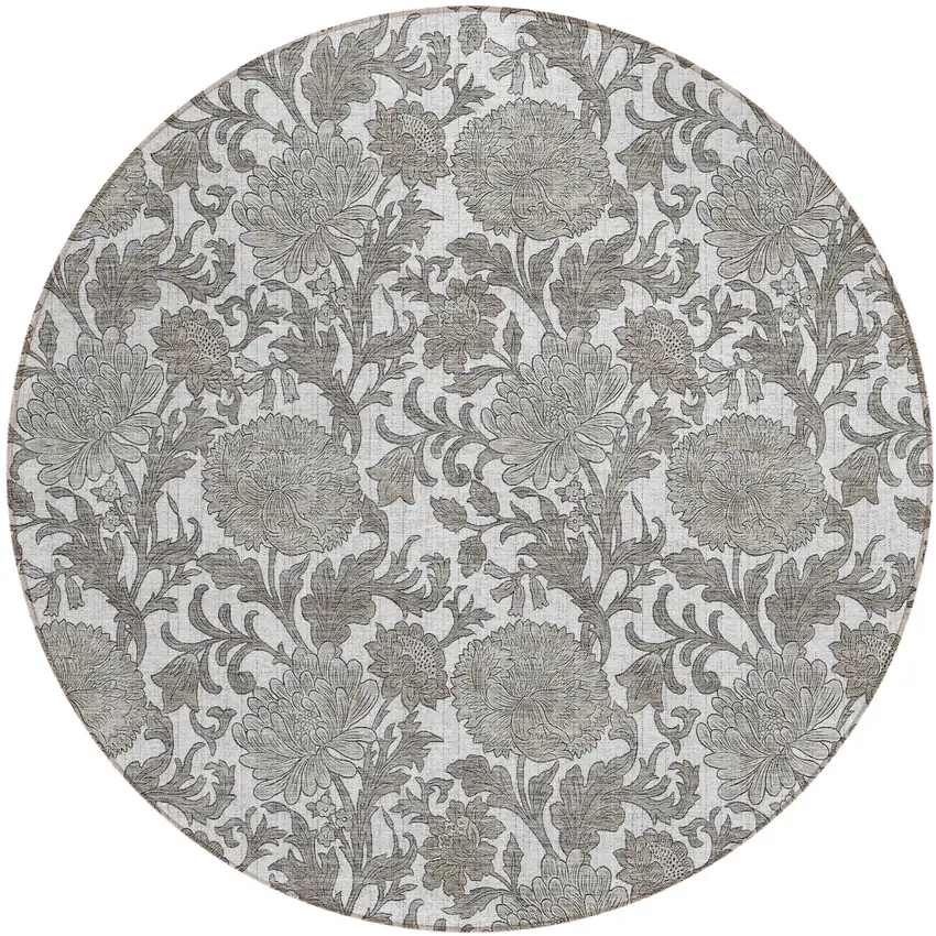 8' Ivory And Gray Round Floral Washable Indoor Outdoor Area Rug Photo 2