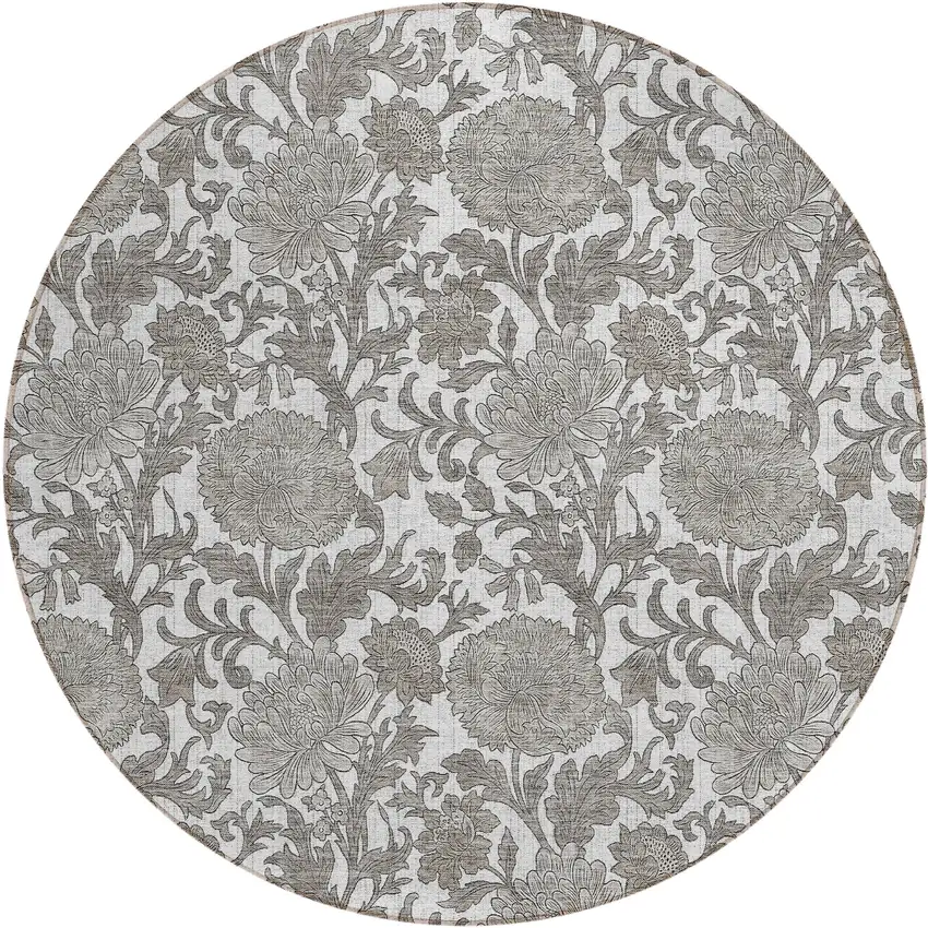 8' Ivory And Gray Round Floral Washable Indoor Outdoor Area Rug Photo 2