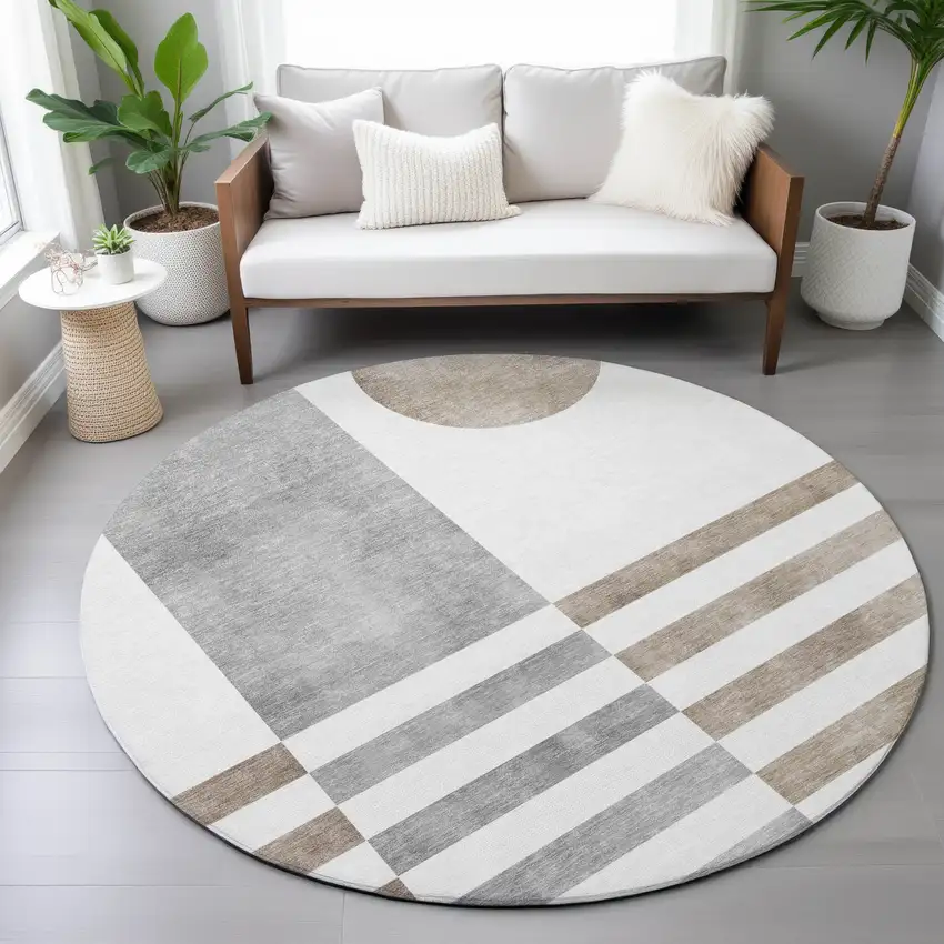 8' Ivory And Gray Round Geometric Washable Indoor Outdoor Area Rug Photo 7