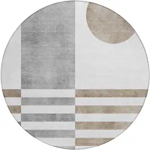Photo of 8' Ivory And Gray Round Geometric Washable Indoor Outdoor Area Rug