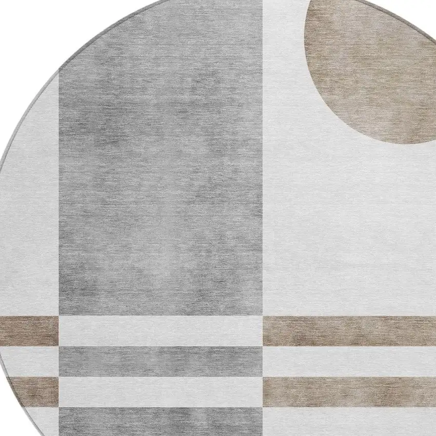 8' Ivory And Gray Round Geometric Washable Indoor Outdoor Area Rug Photo 5