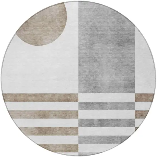 8' Ivory And Gray Round Geometric Washable Indoor Outdoor Area Rug Photo 3