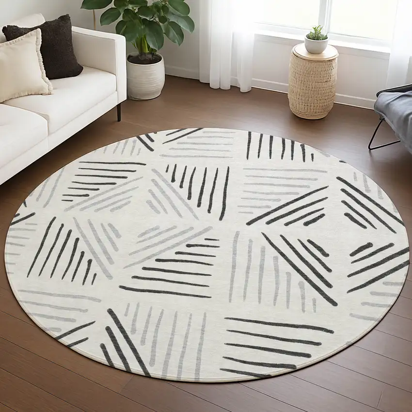 8' Ivory And Gray Round Geometric Washable Indoor Outdoor Area Rug Photo 5