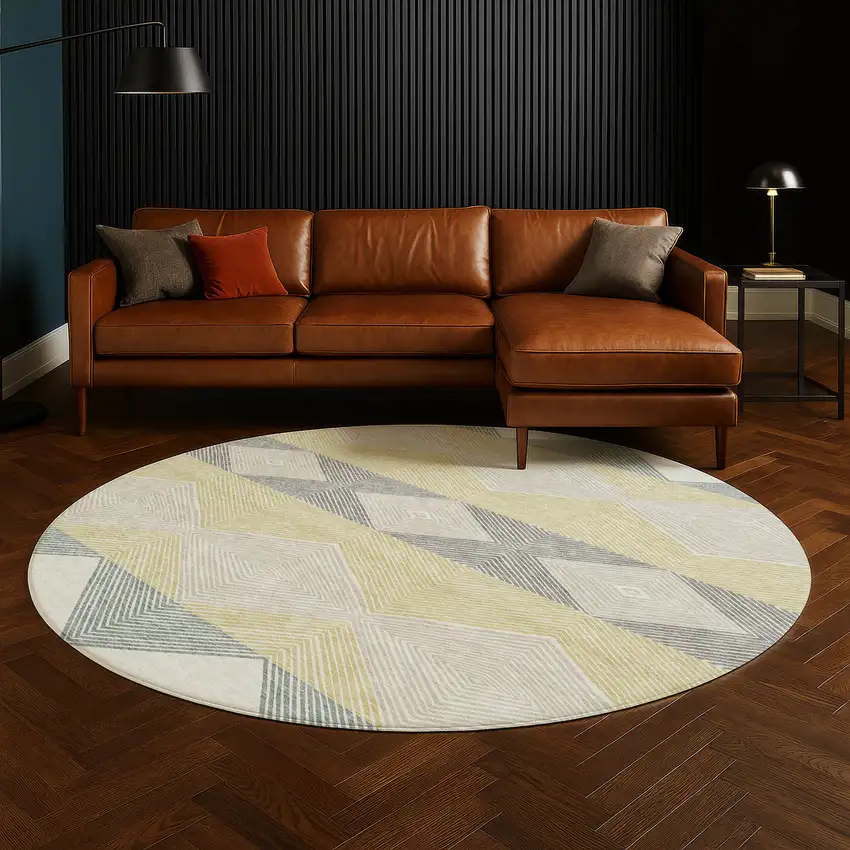 8' Ivory And Gray Round Geometric Washable Indoor Outdoor Area Rug Photo 5