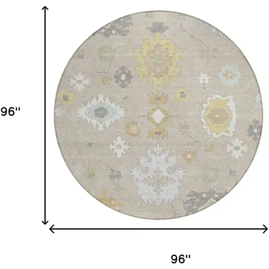8' Ivory And Gray Round Oriental Washable Indoor Outdoor Area Rug Photo 7