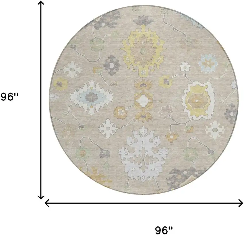 8' Ivory And Gray Round Oriental Washable Indoor Outdoor Area Rug Photo 7