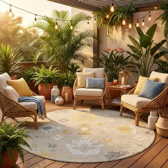 8' Ivory And Gray Round Oriental Washable Indoor Outdoor Area Rug Photo 1