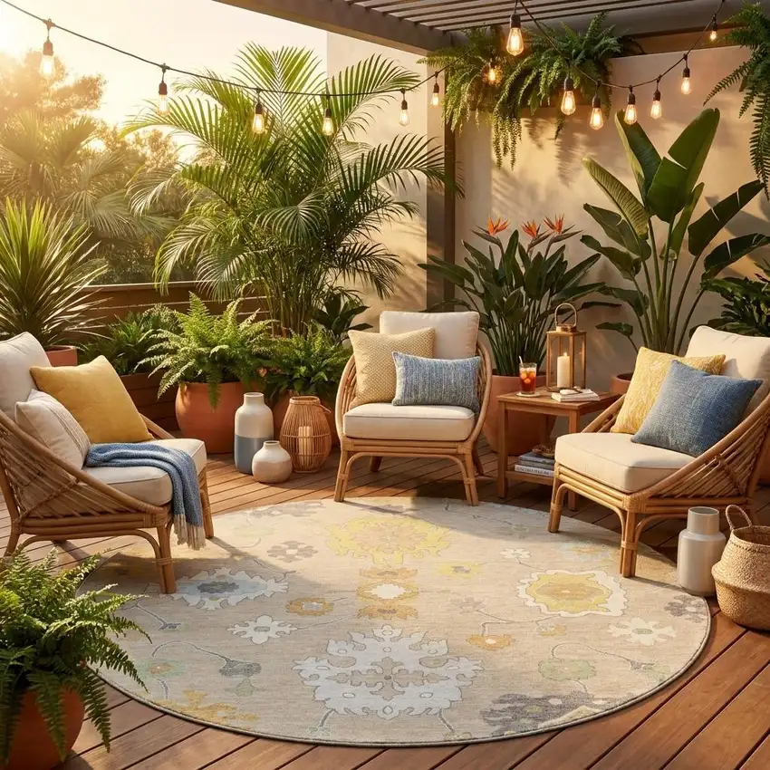 8' Ivory And Gray Round Oriental Washable Indoor Outdoor Area Rug Photo 1