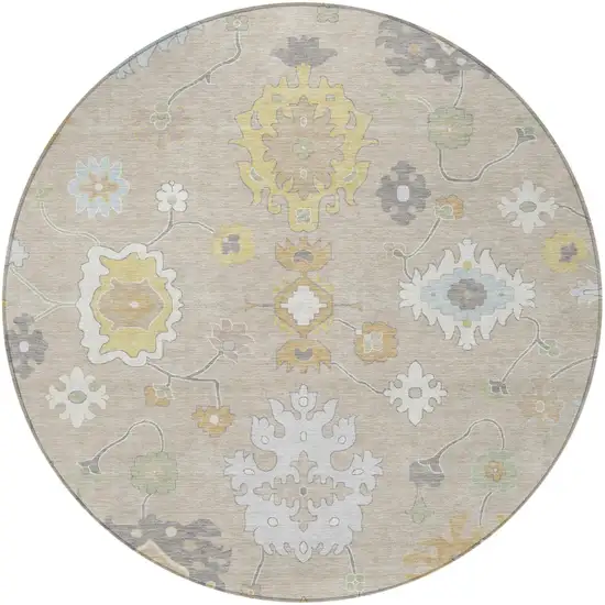 8' Ivory And Gray Round Oriental Washable Indoor Outdoor Area Rug Photo 4