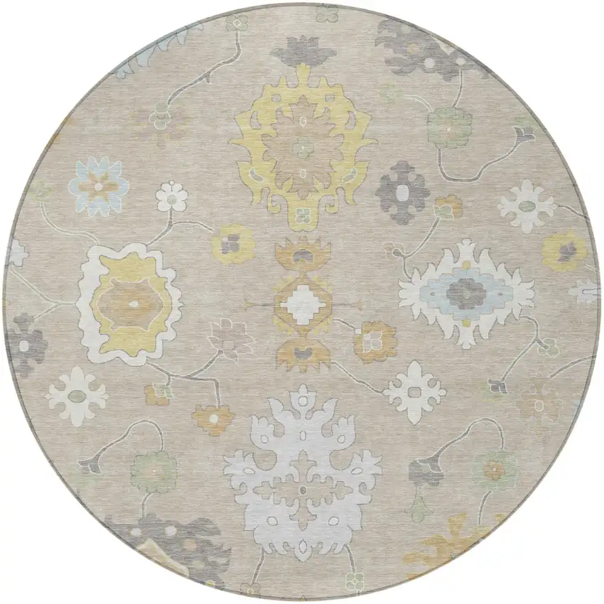 8' Ivory And Gray Round Oriental Washable Indoor Outdoor Area Rug Photo 4